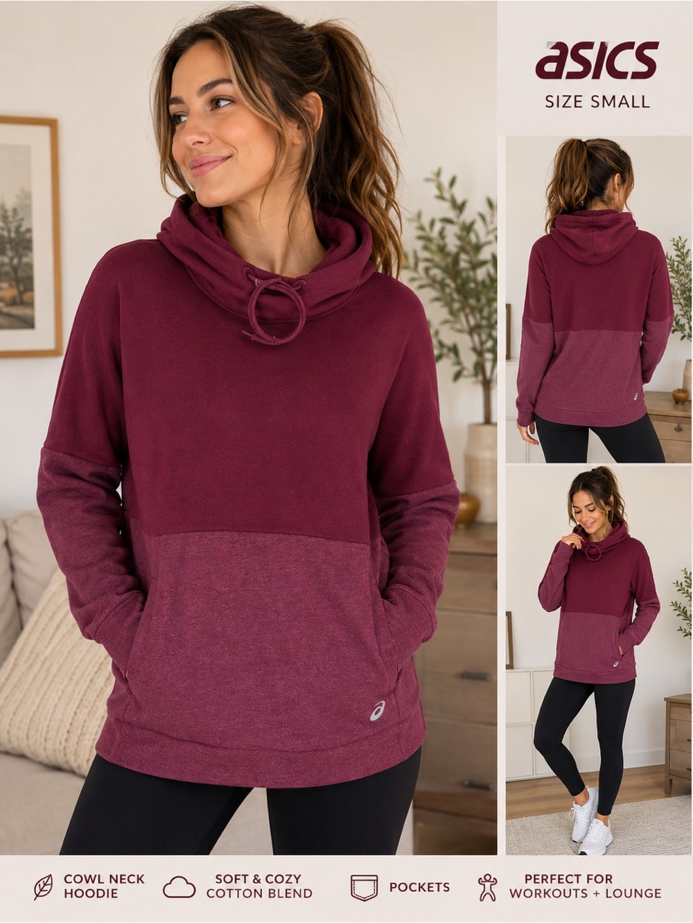ASICS Small Cowl Neck Hoodie Pullover Burgundy Cotton Blend Athleisure Lounge
